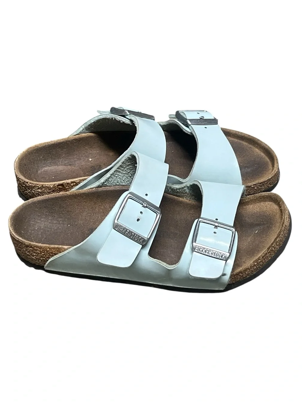 Birkenstock Arizona light blue patent leather two strap sandals